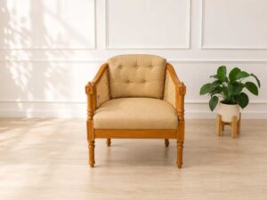 Teak Frame Rattan Back Accent Chair with Brown Cushion