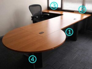 Executive desk set, 4 pieces connected together, L corner, wood top, Rockworth steel legs.