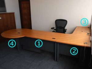Executive desk set, 4 pieces connected together, L corner, wood top, Rockworth steel legs.
