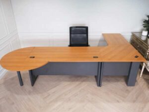 Executive desk set, 4 pieces connected together, L corner, wood top, Rockworth steel legs.
