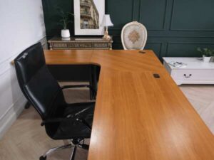 Executive desk set, 4 pieces connected together, L corner, wood top, Rockworth steel legs.
