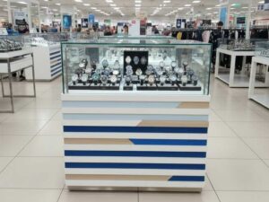 Jewelry cabinet, glass product display cabinet with drawers White-Brown-Blue *No key