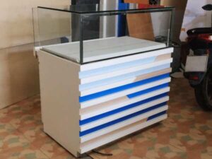 Jewelry cabinet, glass product display cabinet with drawers White-Brown-Blue *No key