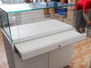Jewelry cabinet, glass product display cabinet with drawers White-Brown-Blue *No key