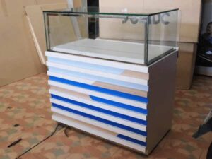 Jewelry cabinet, glass product display cabinet with drawers White-Brown-Blue *No key