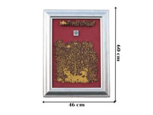 Picture of a golden forest with a red background, silver frame