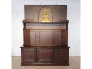 2-level wooden display cabinet with glass top, 5 doors, 4 drawers, teak wood mixed with teak plywood.