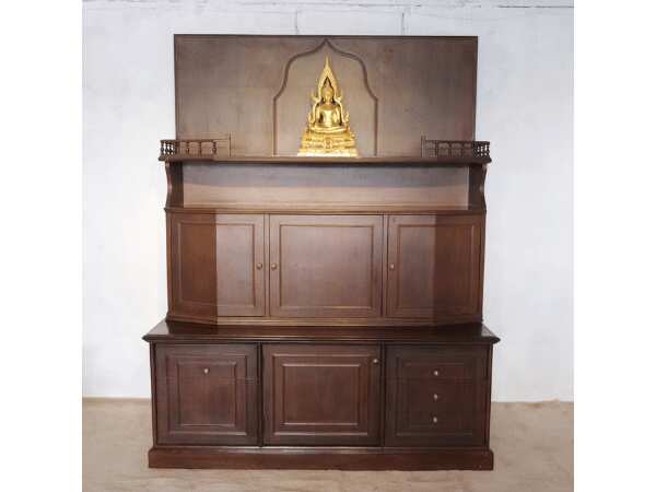 2-level wooden display cabinet with glass top, 5 doors, 4 drawers, teak wood mixed with teak plywood.