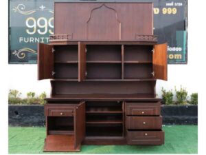 2-level wooden display cabinet with glass top, 5 doors, 4 drawers, teak wood mixed with teak plywood.