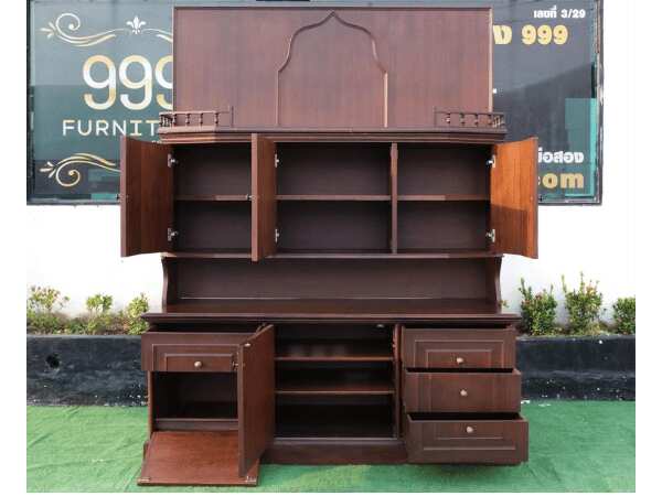 2-level wooden display cabinet with glass top, 5 doors, 4 drawers, teak wood mixed with teak plywood.