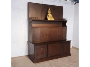 2-level wooden display cabinet with glass top, 5 doors, 4 drawers, teak wood mixed with teak plywood.