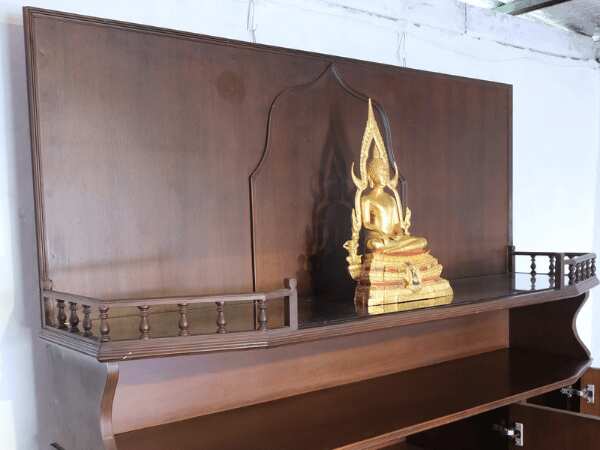 2-level wooden display cabinet with glass top, 5 doors, 4 drawers, teak wood mixed with teak plywood.