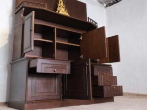 2-level wooden display cabinet with glass top, 5 doors, 4 drawers, teak wood mixed with teak plywood.