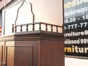 2-level wooden display cabinet with glass top, 5 doors, 4 drawers, teak wood mixed with teak plywood.