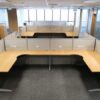 Group work desk, 2 seats, U shape, wood color top, Ultra brand, light gray steel legs.