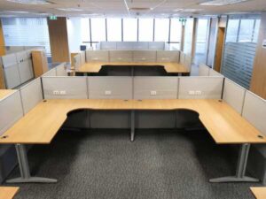 Group work desk, 2 seats, U shape, wood color top, Ultra brand, light gray steel legs.