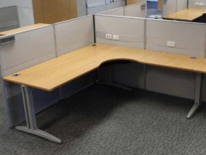 Group work desk, 2 seats, U shape, wood color top, Ultra brand, light gray steel legs.