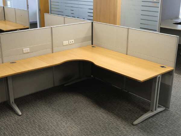 Group work desk, 2 seats, U shape, wood color top, Ultra brand, light gray steel legs.