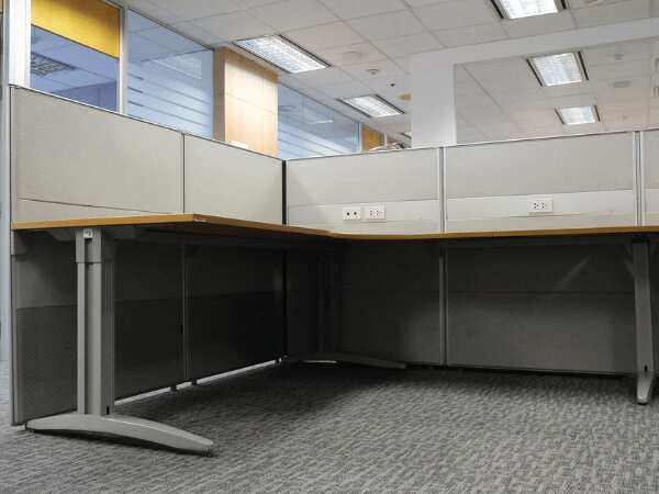 Group work desk, 2 seats, U shape, wood color top, Ultra brand, light gray steel legs.