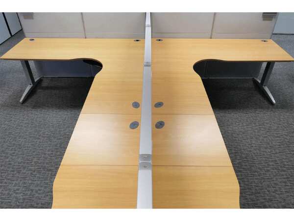 Group work desk, 2 seats, U shape, wood color top, Ultra brand, light gray steel legs.