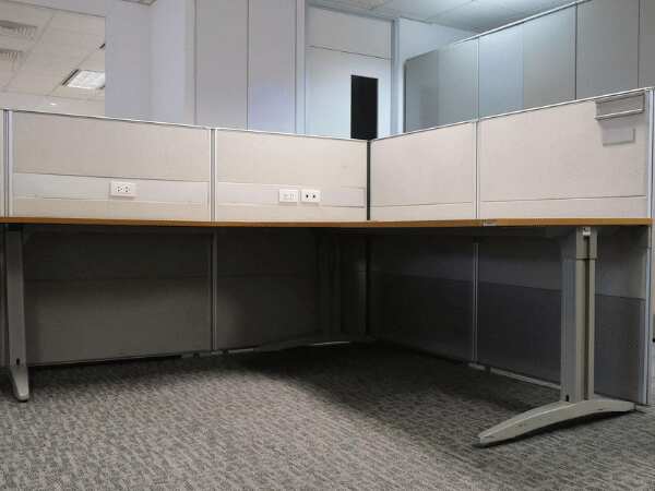 Group work desk, 2 seats, U shape, wood color top, Ultra brand, light gray steel legs.