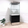 Tall glass product display cabinet, black color, glass door opening.