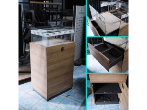 Jewelry cabinet, glass product display cabinet, tall, brown, with glass door drawers. *No key/no wheels