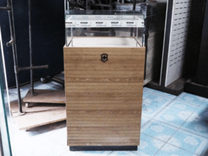 Jewelry cabinet, glass product display cabinet, tall, brown, with glass door drawers. *No key/no wheels