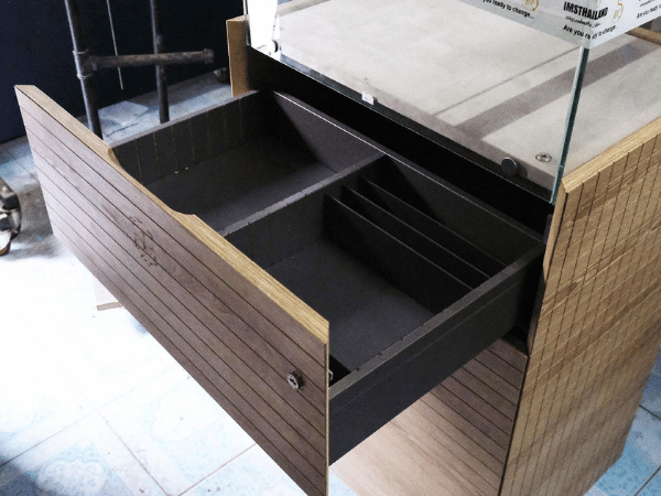 Jewelry cabinet, glass product display cabinet, tall, brown, with glass door drawers. *No key/no wheels