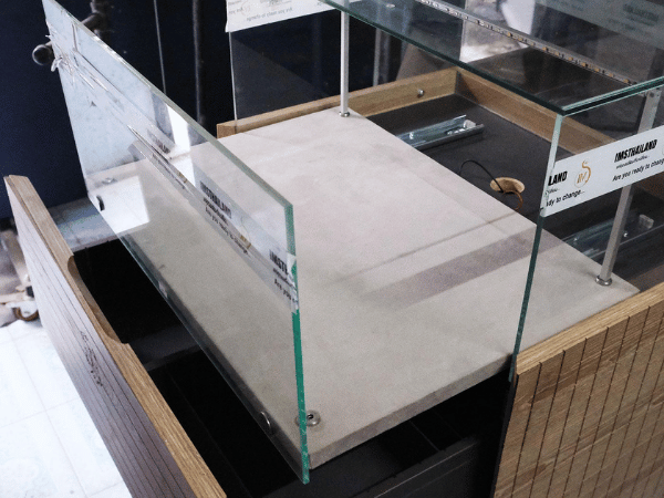 Jewelry cabinet, glass product display cabinet, tall, brown, with glass door drawers. *No key/no wheels