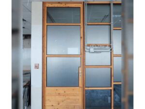 Wooden door with glass window (no key / no door closer)