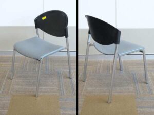 Gray poly cushion chair, black poly backrest, steel frame.