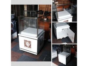 Jewelry cabinet, glass cabinet to display products square shape Opening glass door, white wooden base
