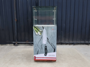 Jewelry cabinet, glass cabinet to display products Tall, square shape glass door open Gray stone pattern wood base