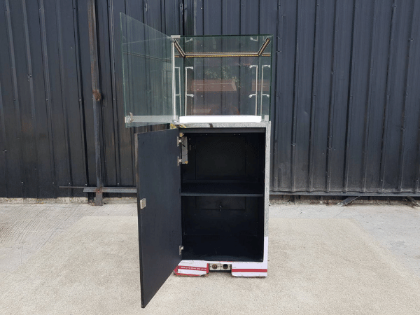 Jewelry cabinet, glass cabinet to display products Tall, square shape glass door open Gray stone pattern wood base