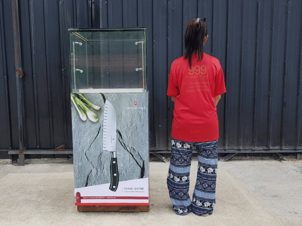 Jewelry cabinet, glass cabinet to display products Tall, square shape glass door open Gray stone pattern wood base