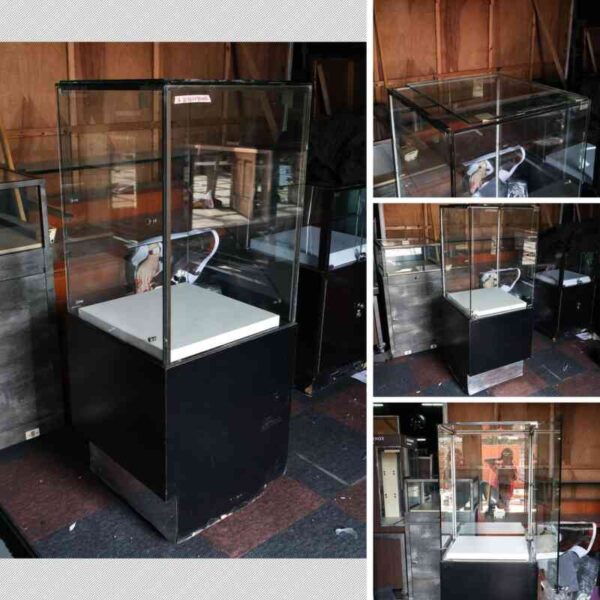 Jewelry cabinet, glass cabinet to display products square shape glass door open Black wooden base with silver trim