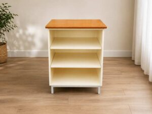 Cream colored 3tier TV stand with wooden top and metal legs