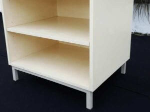 Cream colored 3tier TV stand with wooden top and metal legs