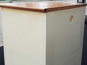 Cream colored 3tier TV stand with wooden top and metal legs