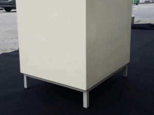 Cream colored 3tier TV stand with wooden top and metal legs