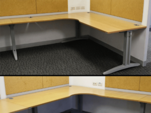Work desk, group of 4 seats, C shape, wood color top, Ultra brand, light gray steel legs.