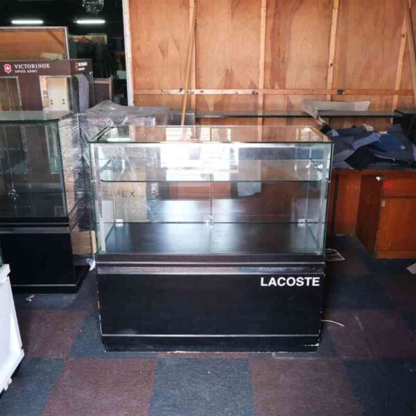 Jewelry cabinet, glass cabinet to display products Rectangular shape glass door open Black wooden base with silver trim