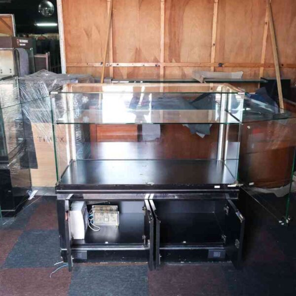 Jewelry cabinet, glass cabinet to display products Rectangular shape glass door open Black wooden base with silver trim
