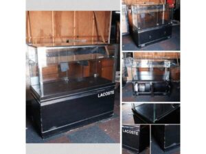 Jewelry cabinet, glass cabinet to display products Rectangular shape glass door open Black wooden base with silver trim
