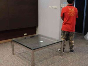 Center table, stainless steel frame, glass top