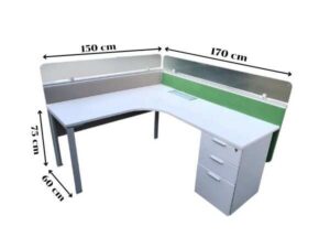 L-shaped corner desk with light gray filing cabinet and partition.