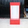 Tall wooden product shelf, open front, red-white wooden frame, has 2 storage drawers.
