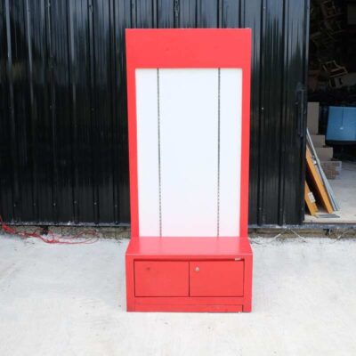 Tall wooden product shelf, open front, red-white wooden frame, has 2 storage drawers.