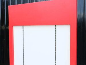 Tall wooden product shelf, open front, red-white wooden frame, has 2 storage drawers.